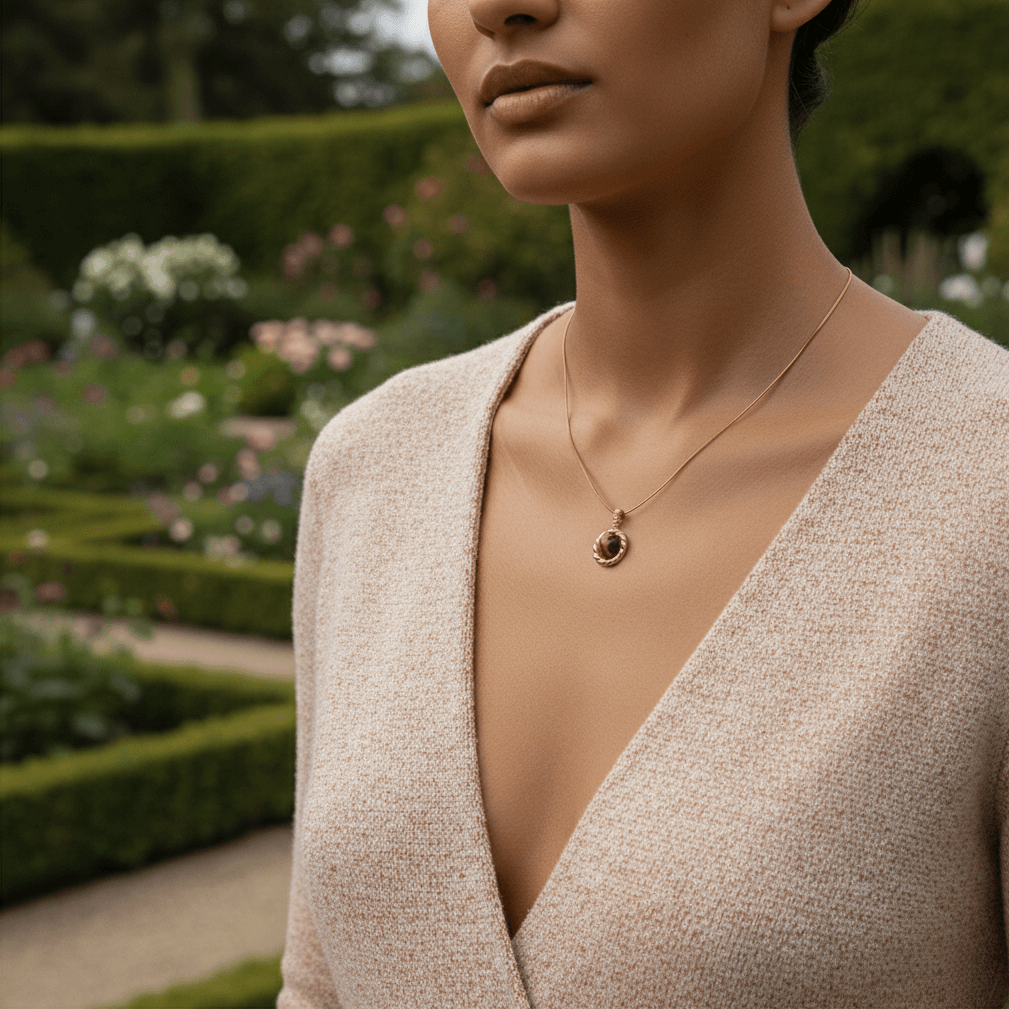 A person's hands typing on a laptop or writing in a journal, with The Courage Stone Necklace visible, emphasizing its role as a "focus" stone for work and creativity.