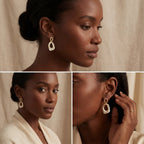 Black woman wearing cream enamel gold earrings showing contrast styling on dark skin.