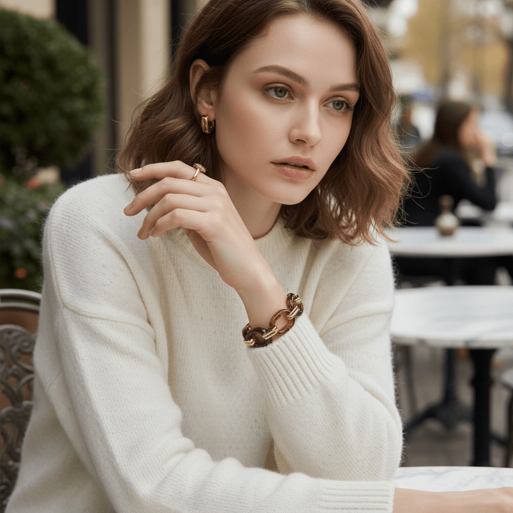 A chic model wearing the Florence tortoiseshell bracelet with a cozy white sweater, resting her chin on her hand while sitting at an outdoor European cafe.