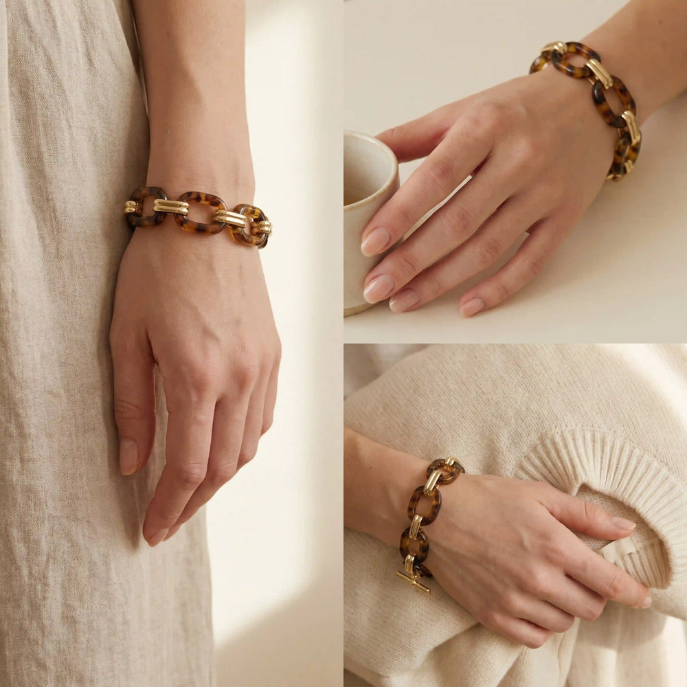 Lifestyle photography collage of woman styling vintage tortoise link bracelet beige outfit.