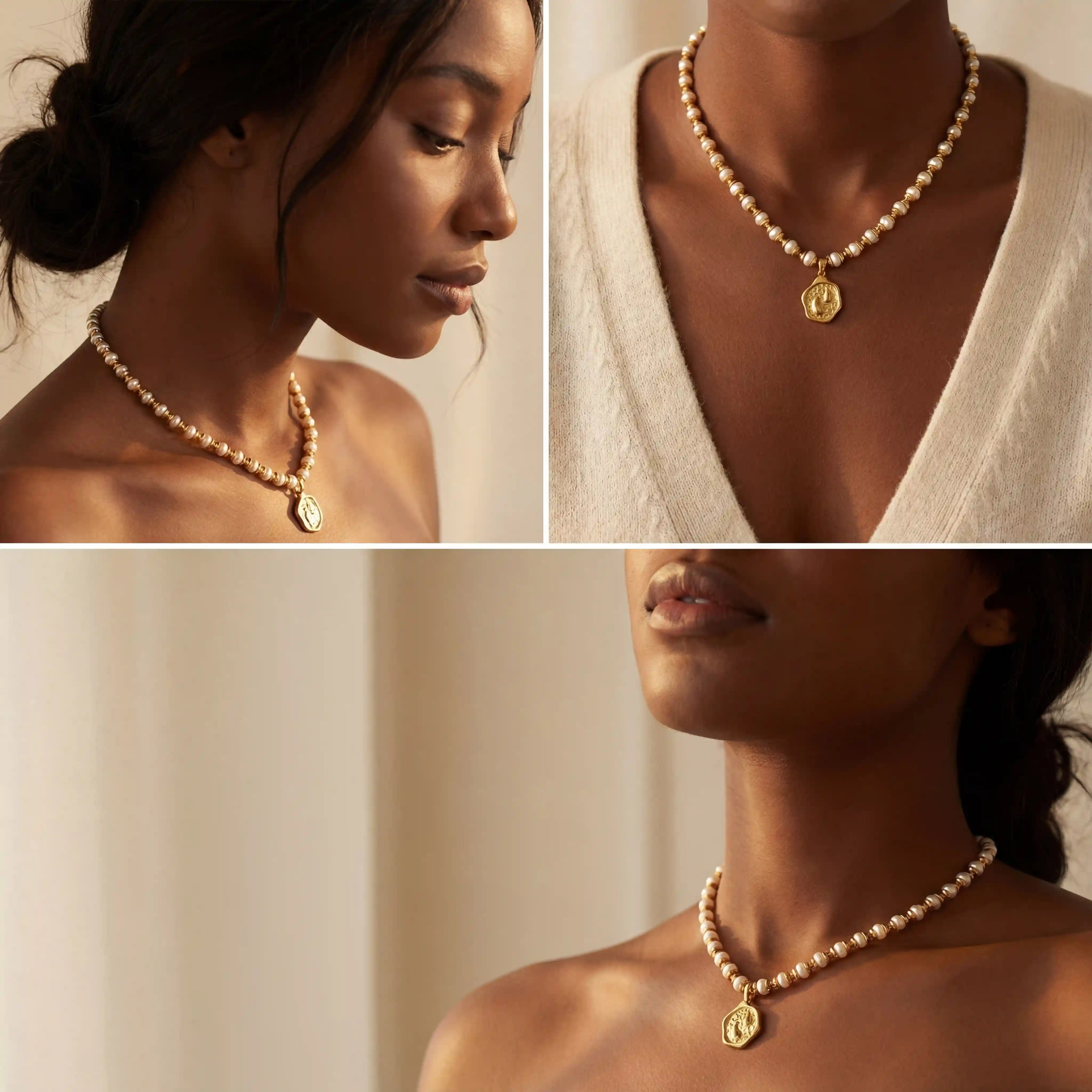 Model with dark skin styling gold and pearl spacer necklace bohemian vibe.