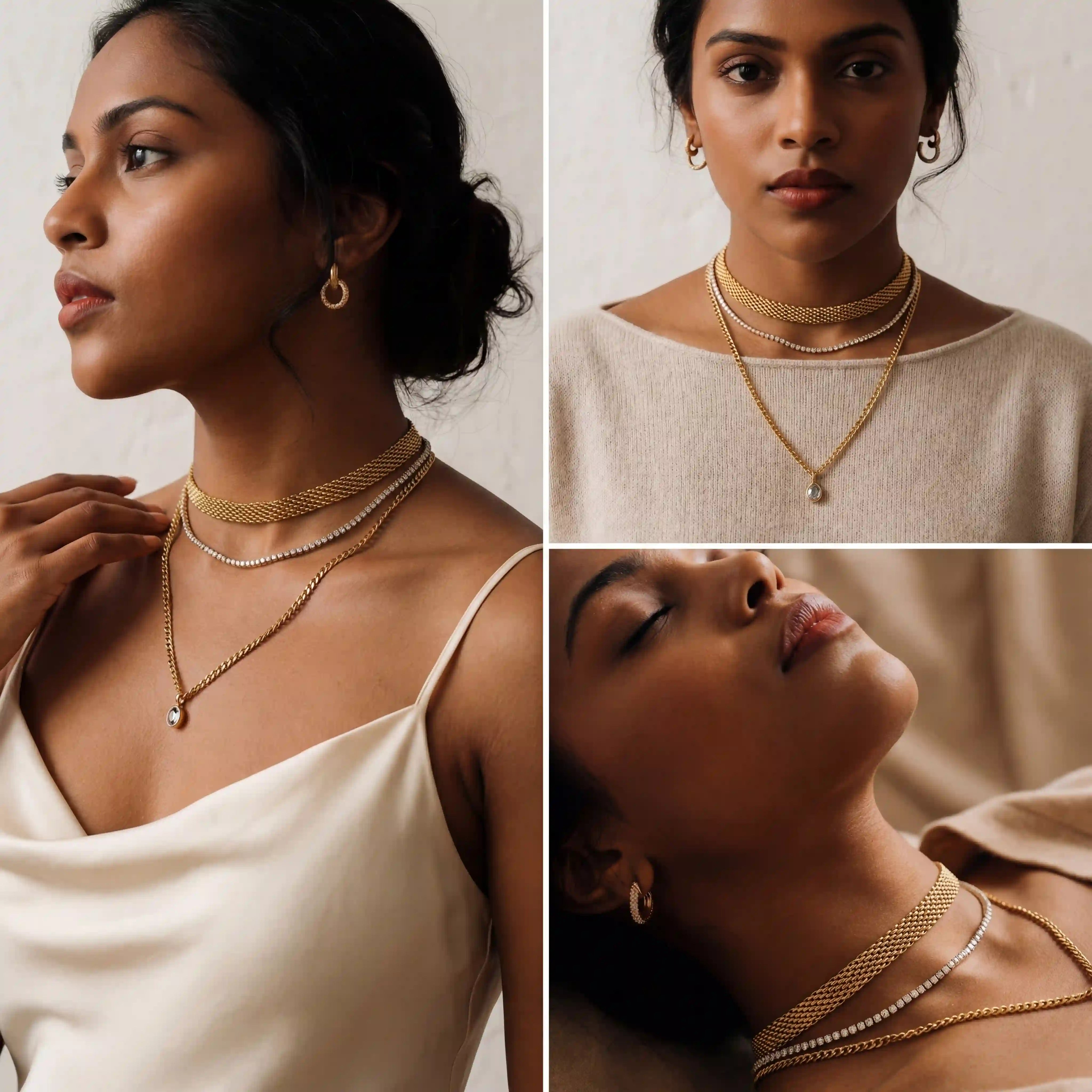 Layering gold necklaces inspiration mesh chain and pendants on model.
