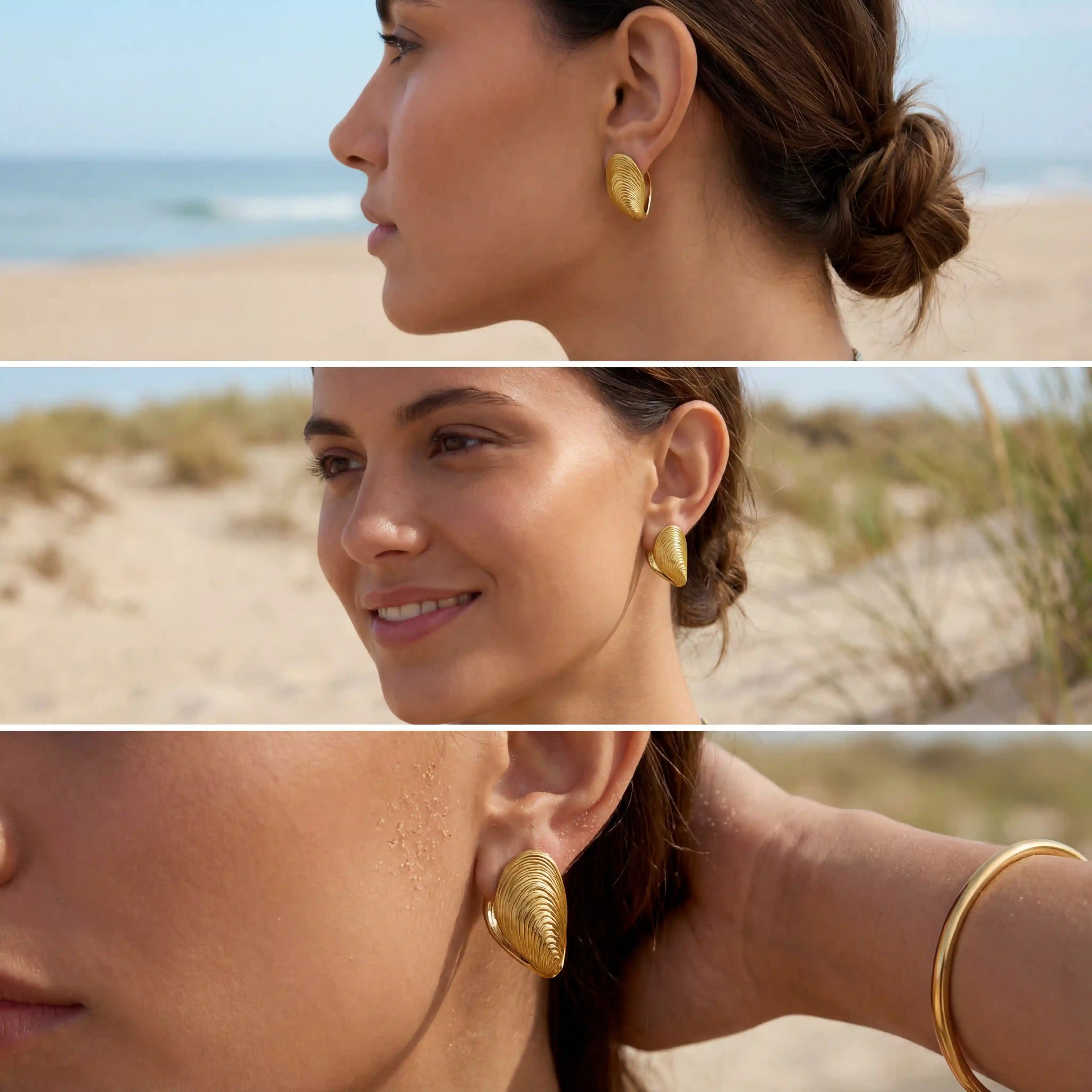 Waterproof gold jewelry beach lifestyle photography brunette model ocean background.