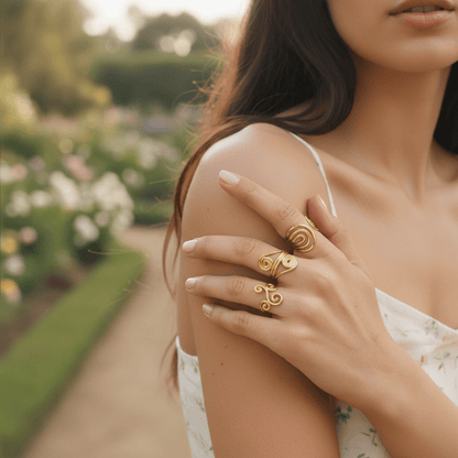 Sunlight dapples on a model's hand as she relaxes by the pool, with the waterproof Liquid Gold Ring gleaming. This lifestyle shot emphasizes the ring's durability and suitability for travel and leisure.