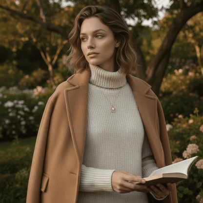 A model wearing a chic beige blazer, with the dainty Luna Pearl necklace peeking out. It serves as a subtle yet powerful statement of sophistication and quiet confidence in a professional setting