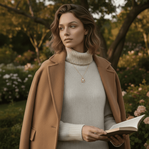 A model wearing a chic beige blazer, with the dainty Luna Pearl necklace peeking out. It serves as a subtle yet powerful statement of sophistication and quiet confidence in a professional setting
