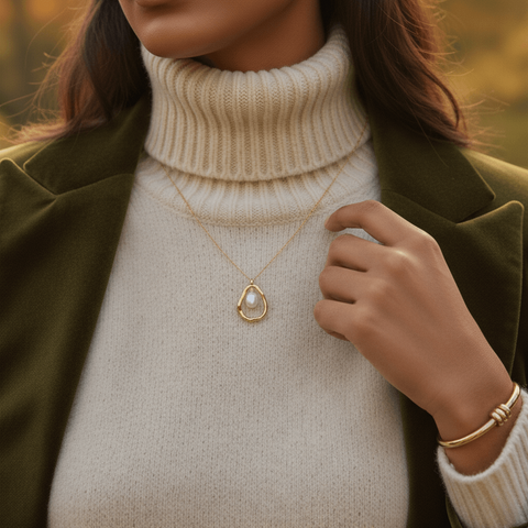 A shot from over a model's shoulder as she looks down at an open jewelry box, her expression filled with joy upon seeing The Luna Pearl necklace inside. This captures the emotion of receiving it as a perfect gift
