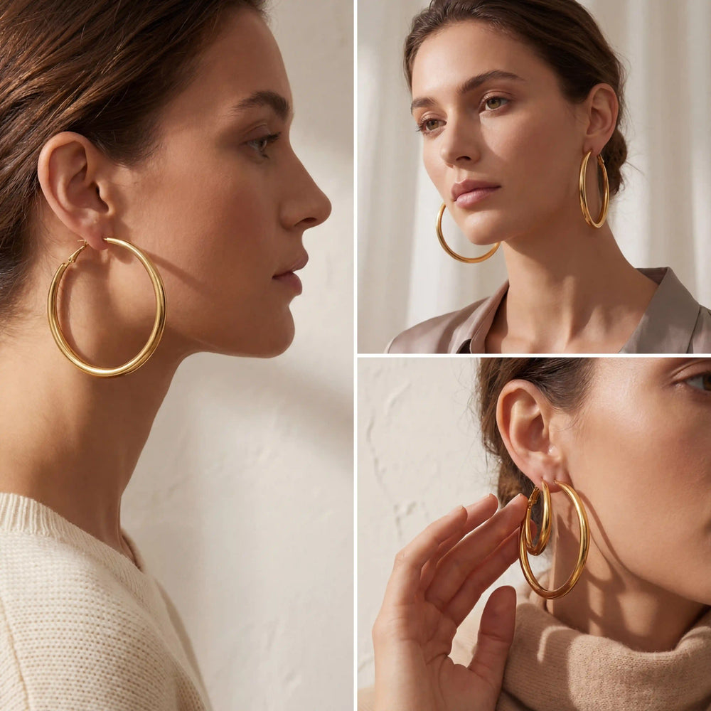 Lifestyle collage of woman wearing large statement gold hoops side profile.