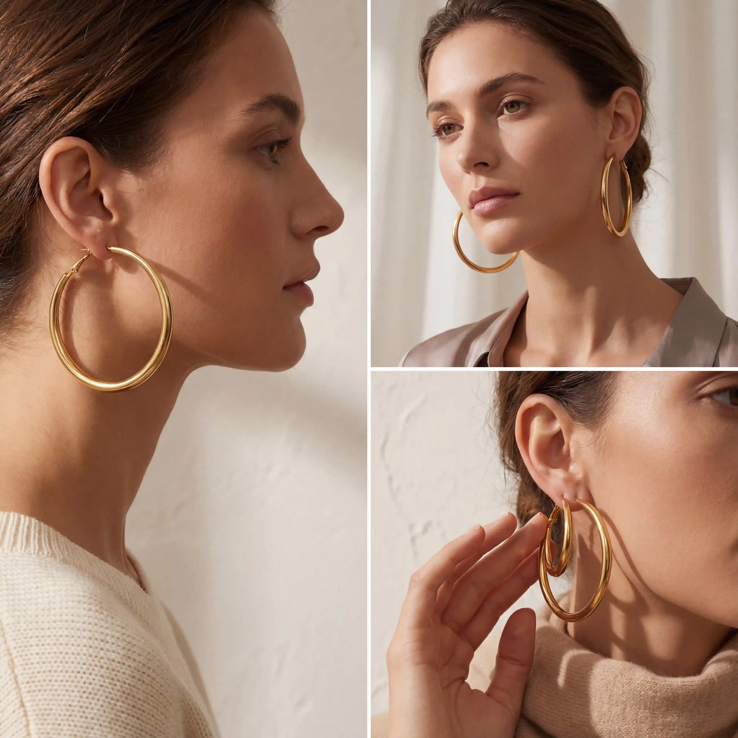 Lifestyle collage of woman wearing large statement gold hoops side profile.