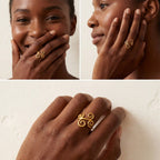 Lifestyle photography collage of woman styling gold artistic swirl ring bohemian look.