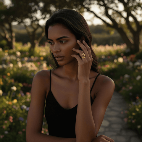 A model's hand, wearing the delicate gold Aphrodite Ring, wrapped around a warm, ceramic mug of coffee. The image captures a cozy, intimate moment of self-care, showcasing the ring as a perfect companion for everyday beauty.