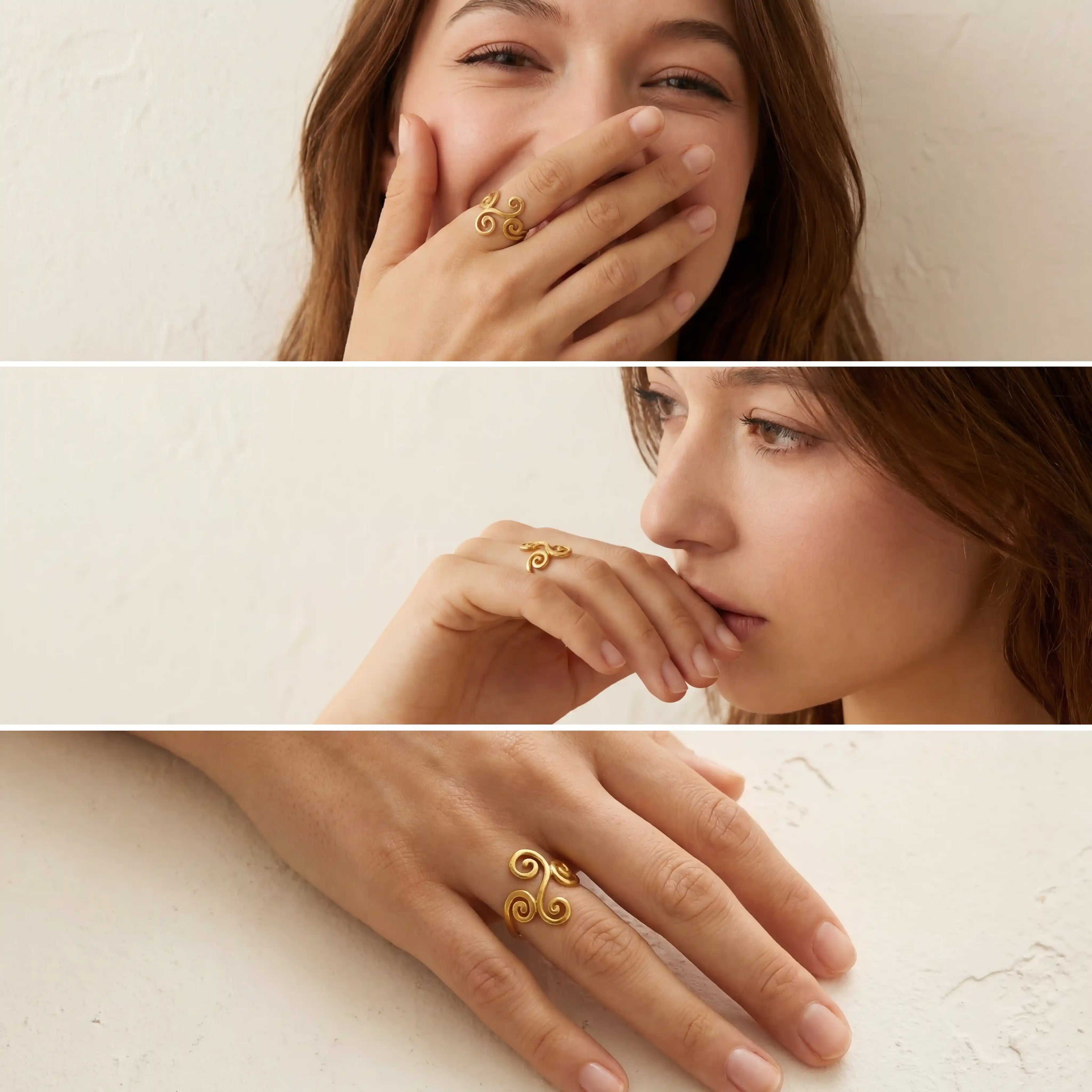 Woman styling gold Aphrodite ring with spiral design minimalist jewelry.