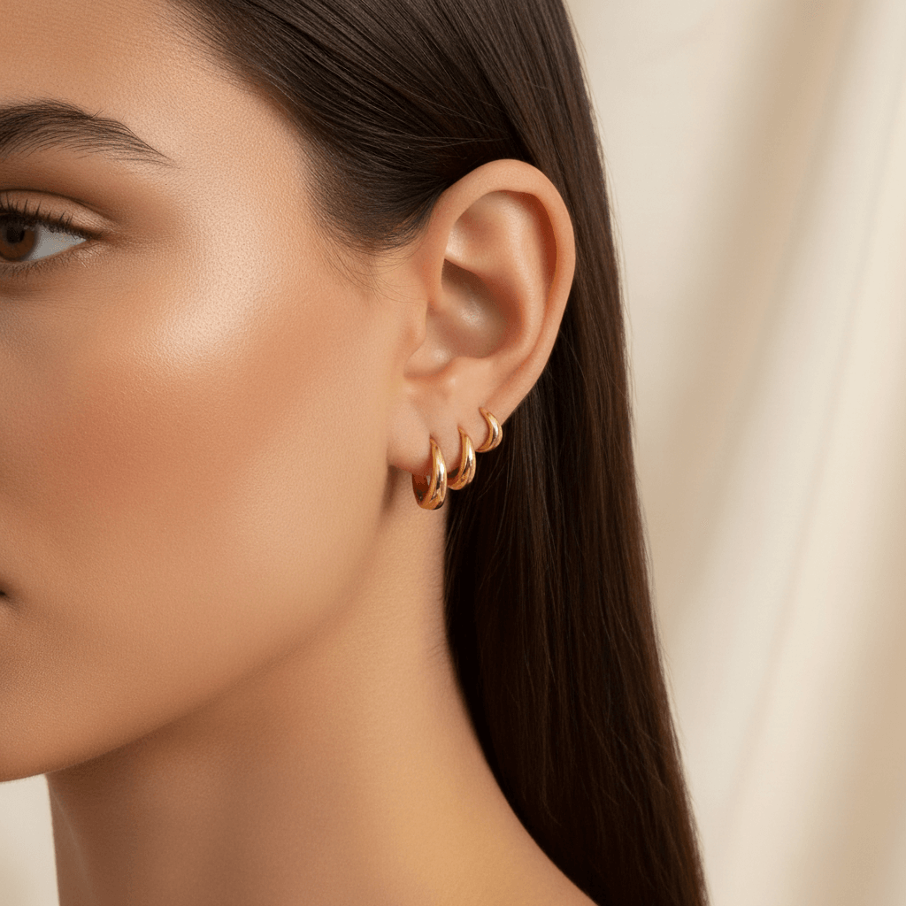 A close-up of a model's ear showing a curated ear stack. She is wearing the large gold Capsule Hoop in her first lobe piercing, the medium hoop in her second, and the small hoop in her upper cartilage (helix) piercing.
