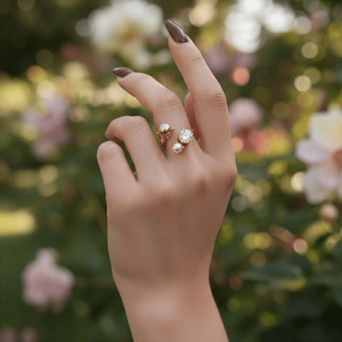 A shot of two hands, one wearing The Celestial Ring, gently touching. The image visually represents the "You and Me" (Toi et Moi) concept behind the ring's design, symbolizing a beautiful connection.