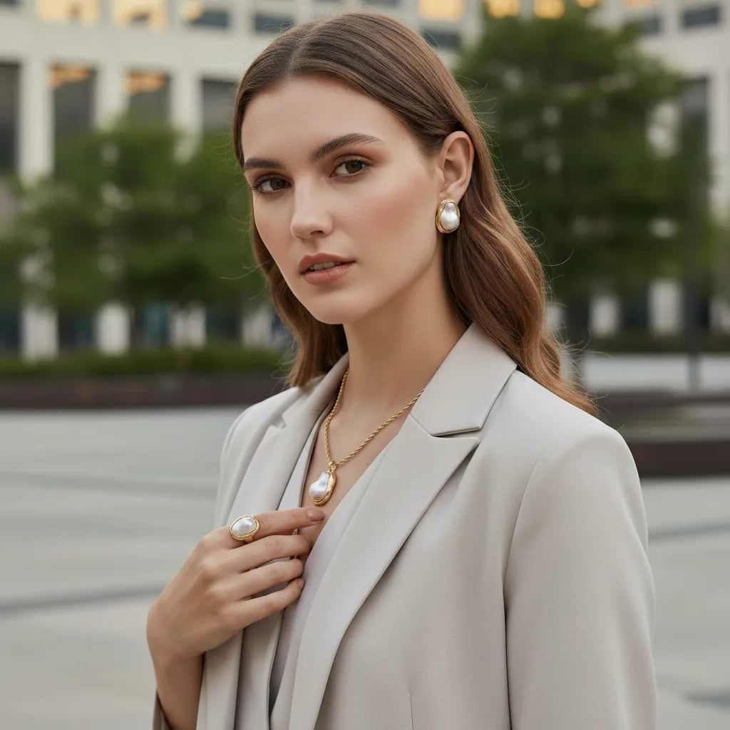 Side profile of a model in a grey blazer, her hair swept back to perfectly feature The Theia Earrings, which complement the matching necklace.