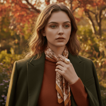 Lifestyle photo of a model in a stylish autumn blazer, wearing The Theia Ring as a statement piece that elevates her entire outfit."