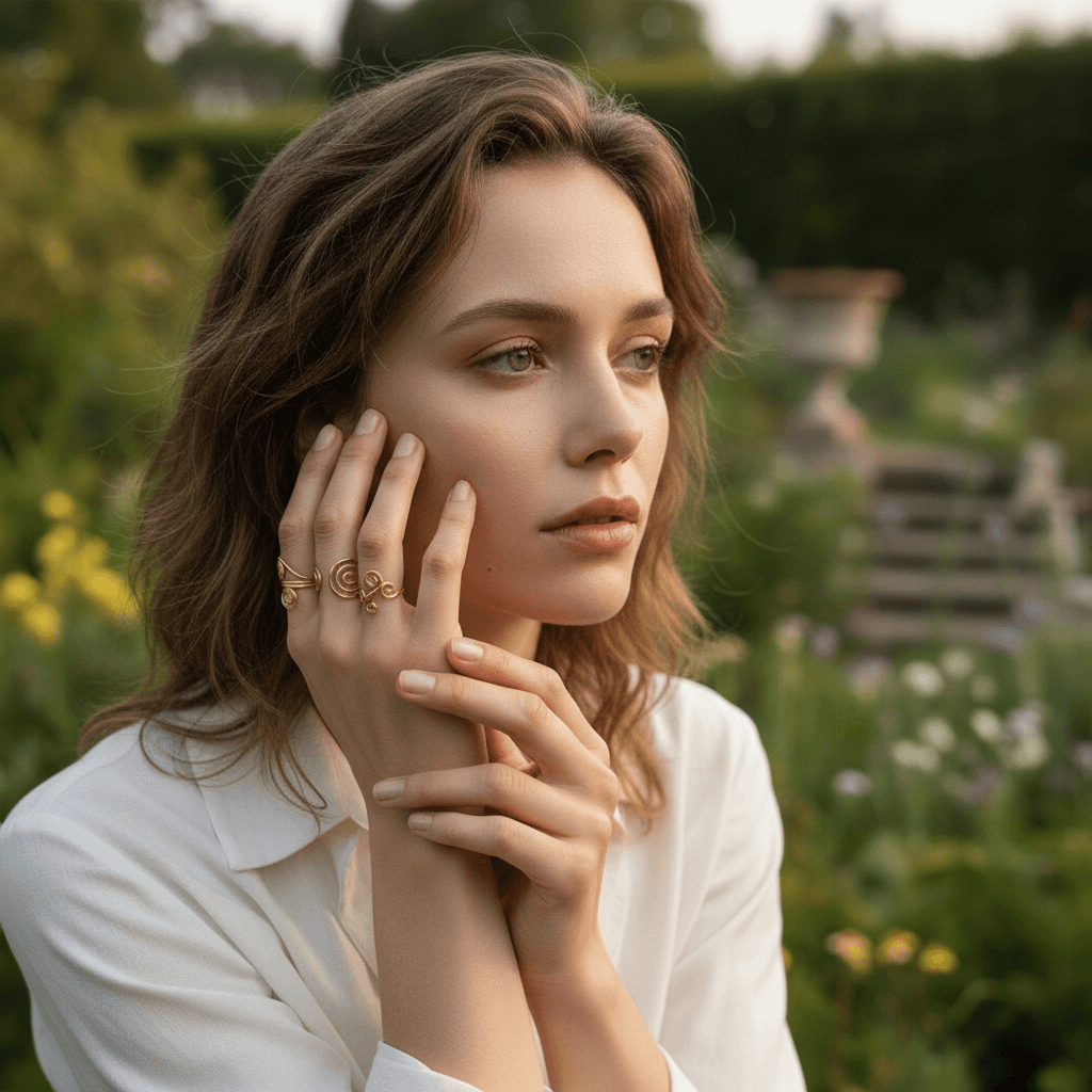 A close-up on the cuff of a model's crisp white linen shirt, with her hand positioned to showcase the bold, gold Liquid Gold Ring. The image highlights the beautiful contrast between the ring's warm metal and the shirt's classic texture.
