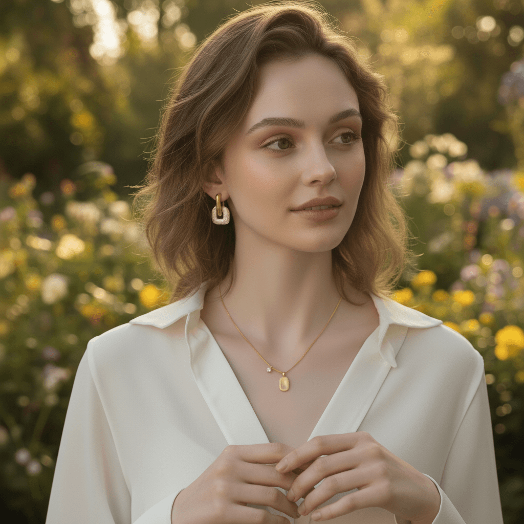 A close-up of The Signature Necklace on a model's skin, bathed in warm, natural sunlight. The light beautifully highlights the fine, horizontal lines of the brushed texture on the gold tag, contrasting with the sharp sparkle of the offset CZ crystal.