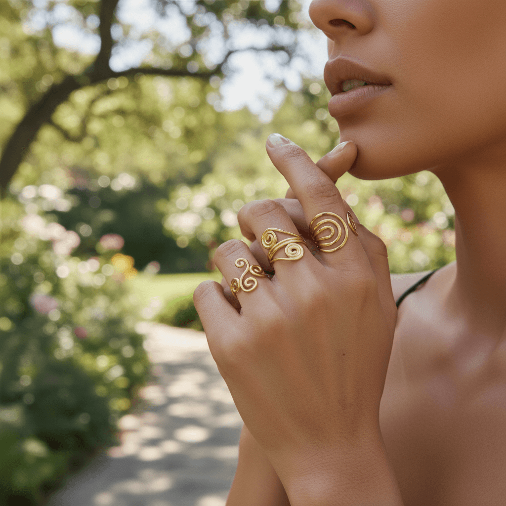 A model's hands are clasped on a boardroom table during a meeting, with the sculptural Liquid Gold Ring visible on her finger. The image portrays the ring as a symbol of confidence and professional power.