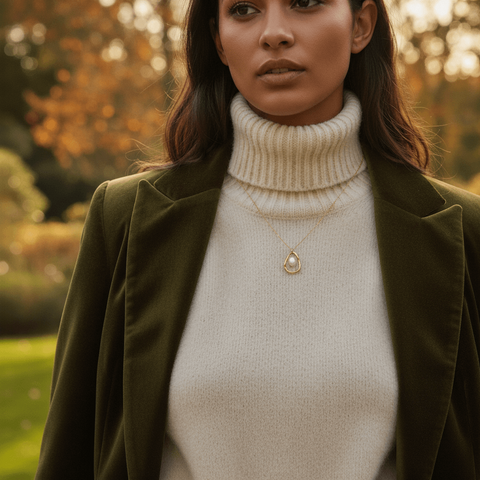 A detailed shot of a model's layered necklace stack, with The Luna Pearl necklace positioned as the shortest, most prominent piece. It acts as the classic, elegant anchor for other gold chains.