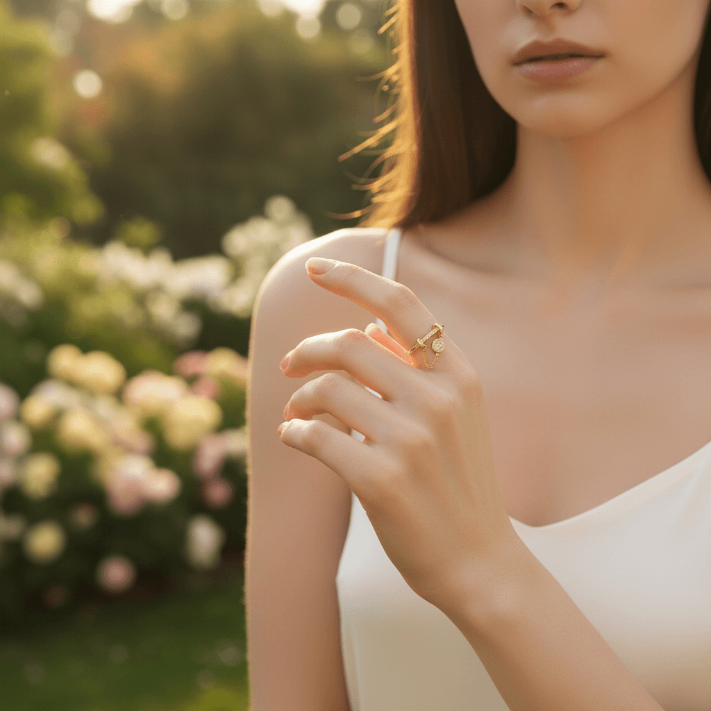A model's hand tucking a strand of hair behind her ear, creating a sense of motion that highlights the dangling chain and charm of The Comet Ring