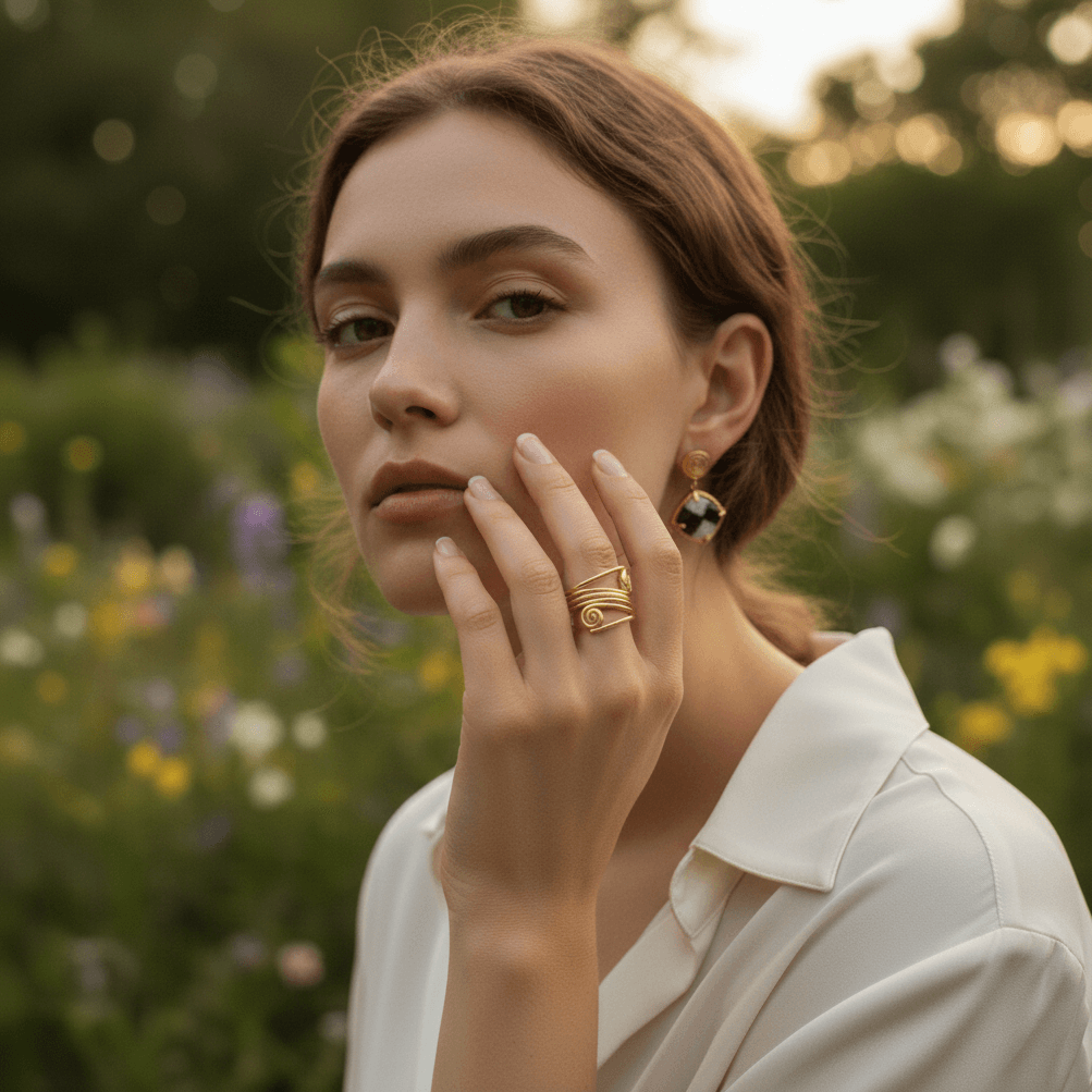 A close-up of a woman's hand holding a terracotta pot with a succulent. She is wearing the gold Oracle Spiral Ring, creating a beautiful contrast between the modern jewelry and the earthy, natural elements.