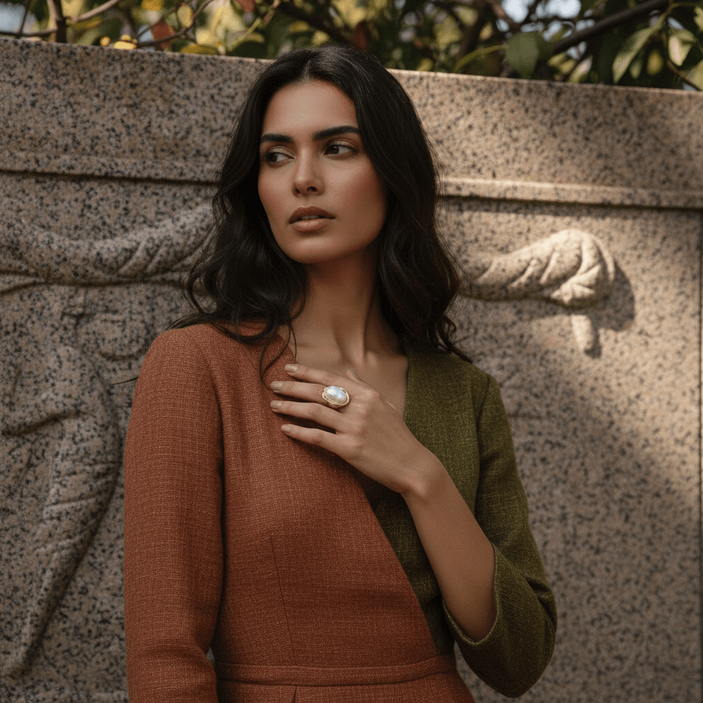 A woman's hands gently clasped together, with The Theia statement ring featured prominently, illustrating its beauty and elegance in a natural, candid pose.