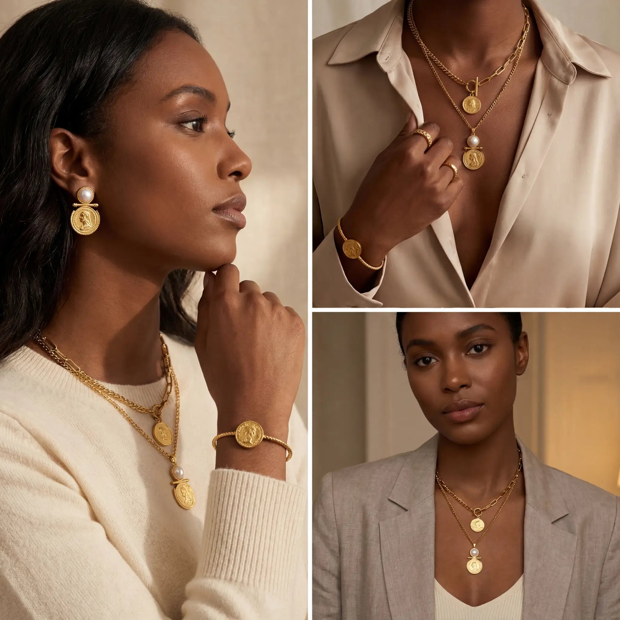 Dark skin model wearing matching vintage pearl coin necklace and earrings set.
