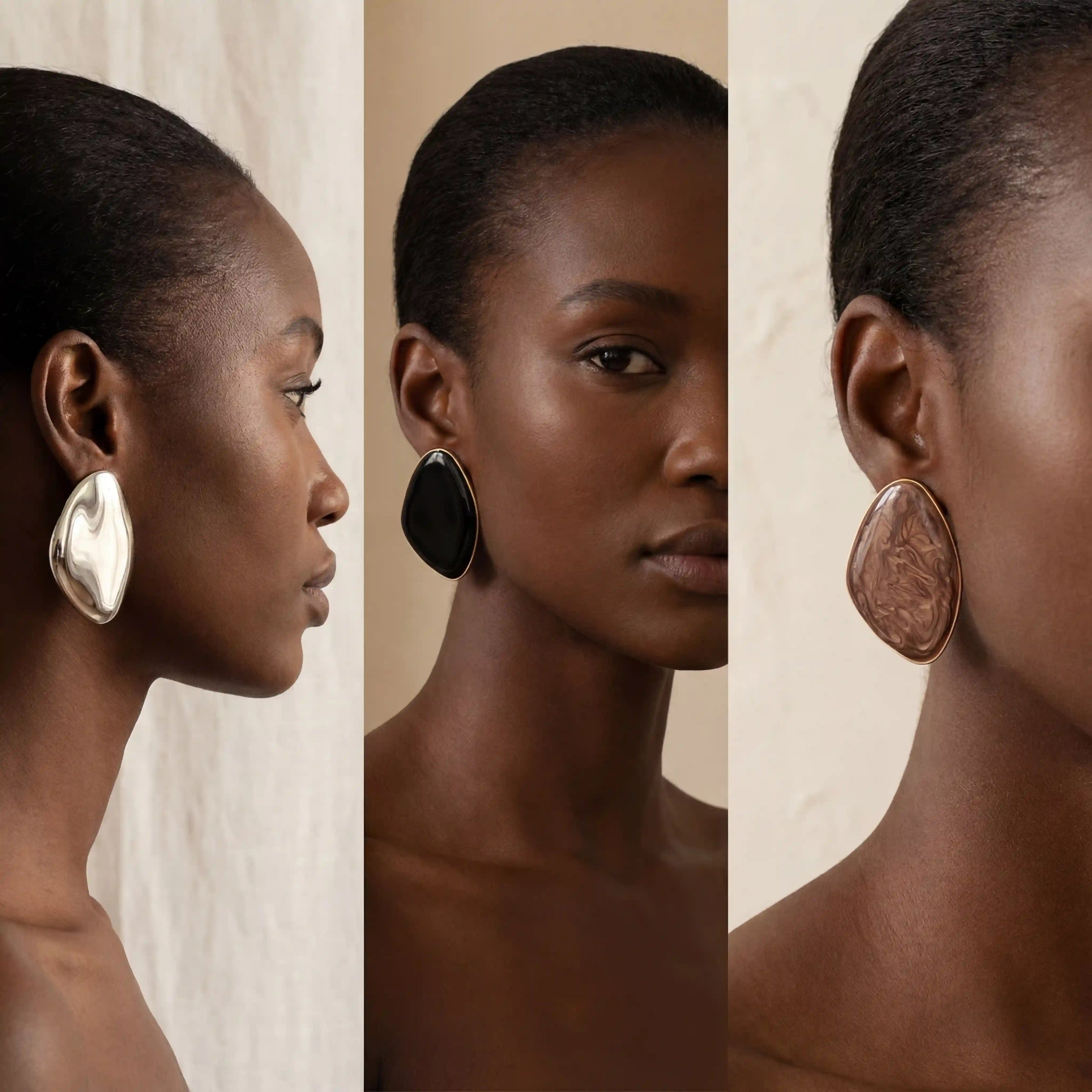 Fashion photography collage of statement enamel earrings on dark skin model.